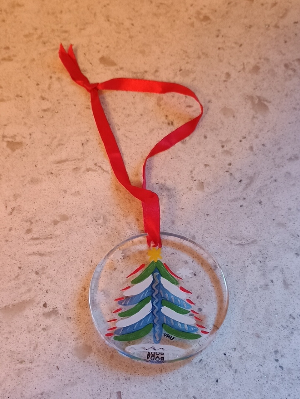Vintage Kosta Boda Hand-Painted Glass Christmas Tree Ornament with Red Ribbon